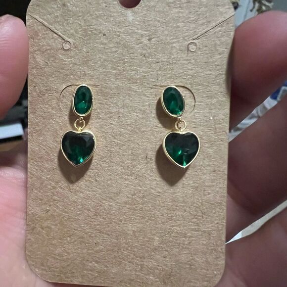 Rachel Zoe Gold & Sterling Silver Green heart CZ Dangle Earrings - Picture 1 of 4